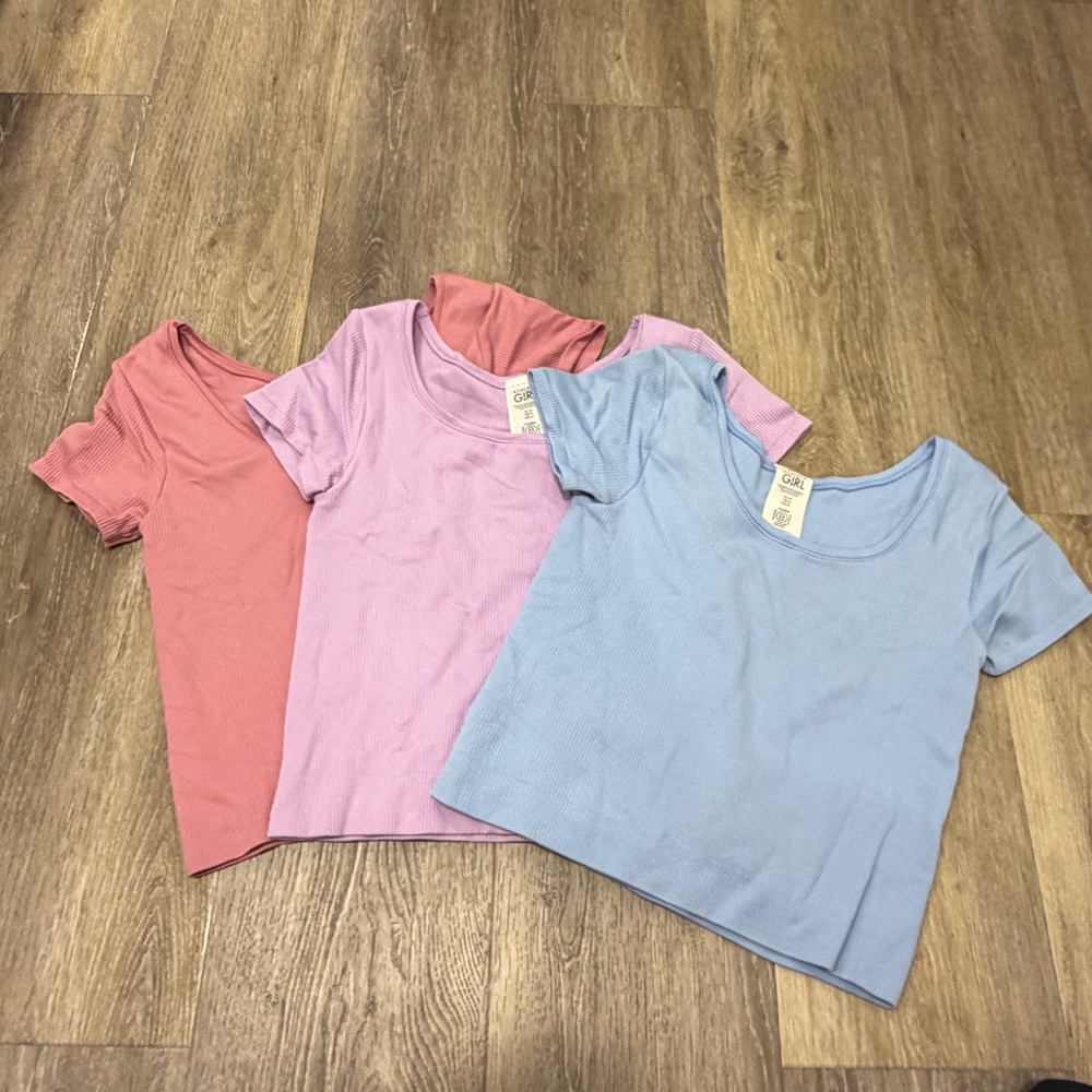 Athleta Girls' Short Sleeve Ribbed Tees in Pink, Lavender, Light Blue